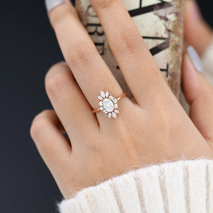 0.84 CT Oval Cluster Moissanite Engagement Ring