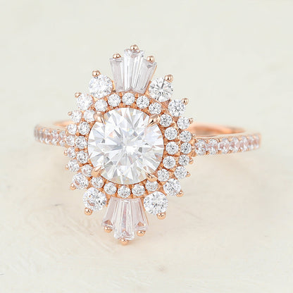 0.88 CT Round Cluster & Pave Moissanite Engagement Ring