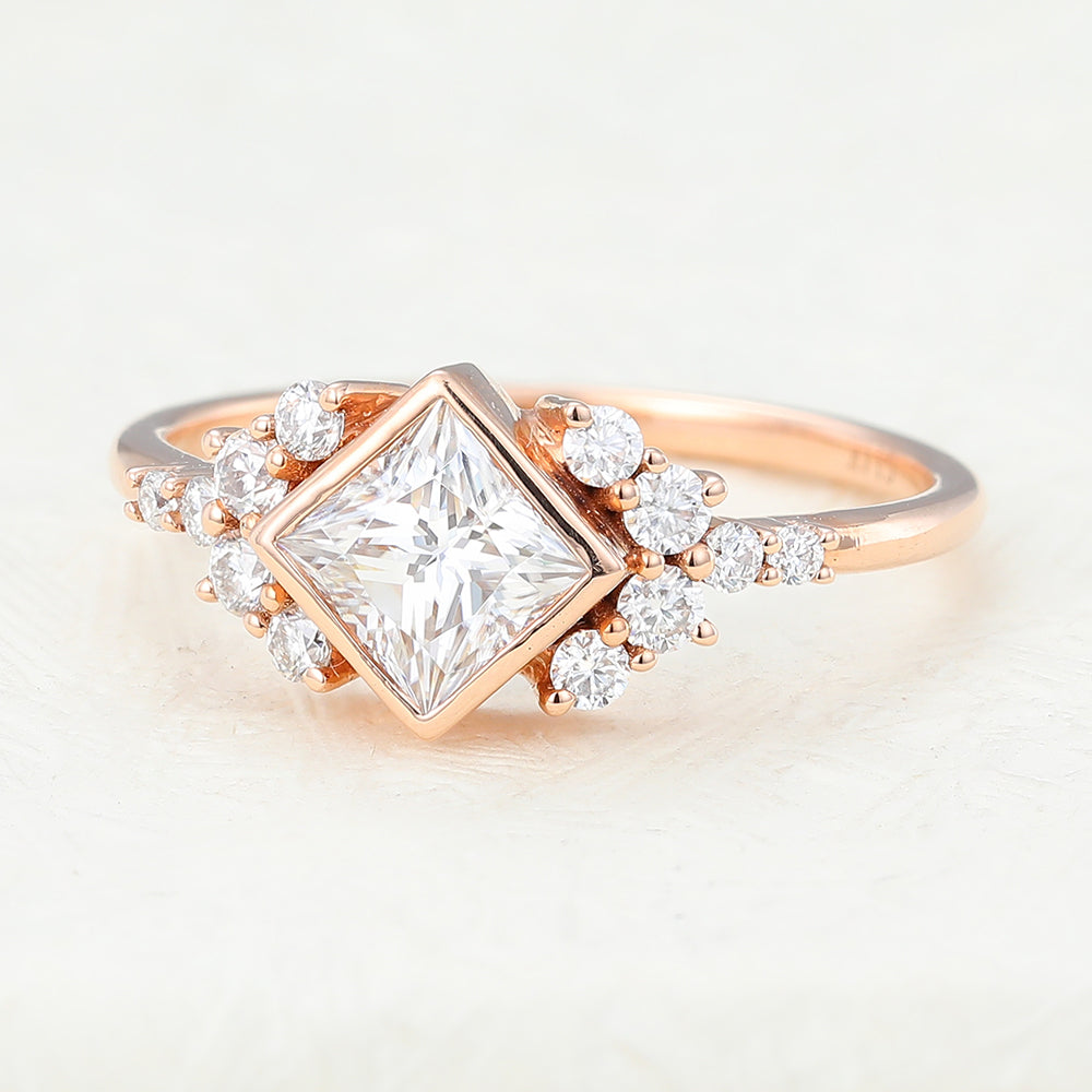 0.64 CT Princess Bezel & Cluster Moissanite Engagement Ring