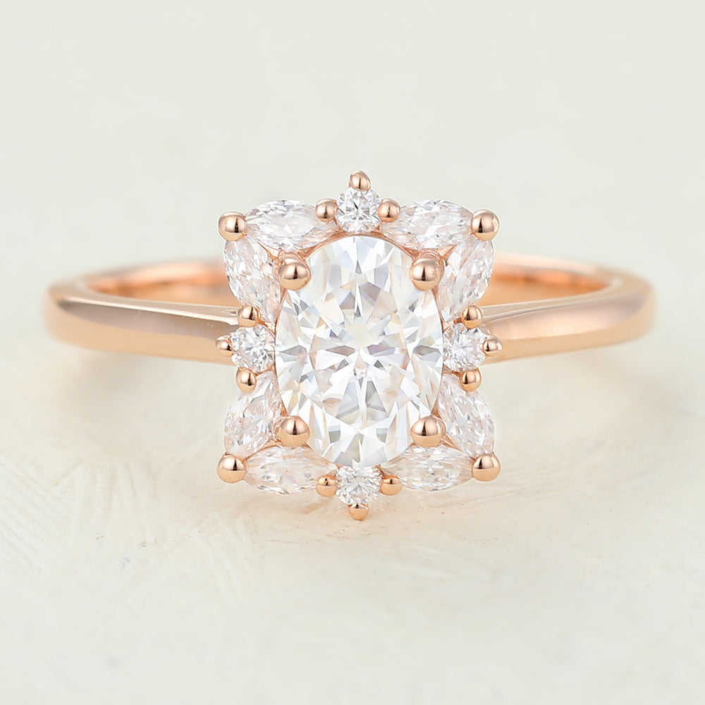 0.84 CT Oval Cluster Moissanite Engagement Ring