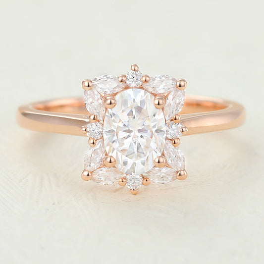 0.84 CT Oval Cluster Moissanite Engagement Ring