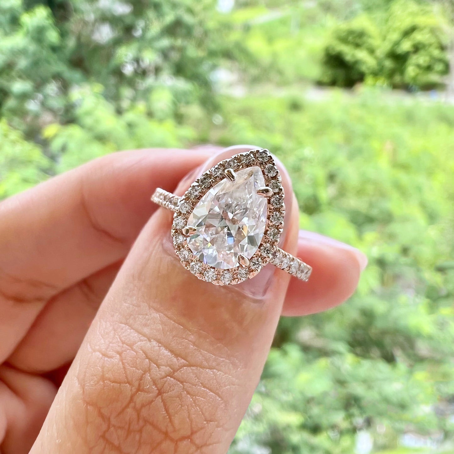 2.1 CT Pear Halo & Pave Moissanite Engagement Ring