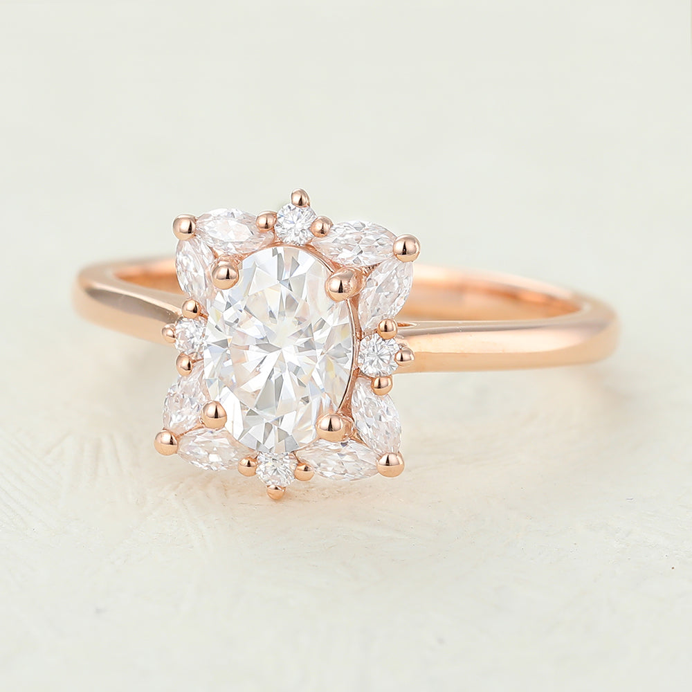 0.84 CT Oval Cluster Moissanite Engagement Ring