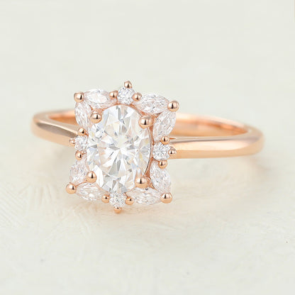 0.84 CT Oval Cluster Moissanite Engagement Ring