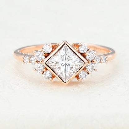 0.64 CT Princess Bezel & Cluster Moissanite Engagement Ring