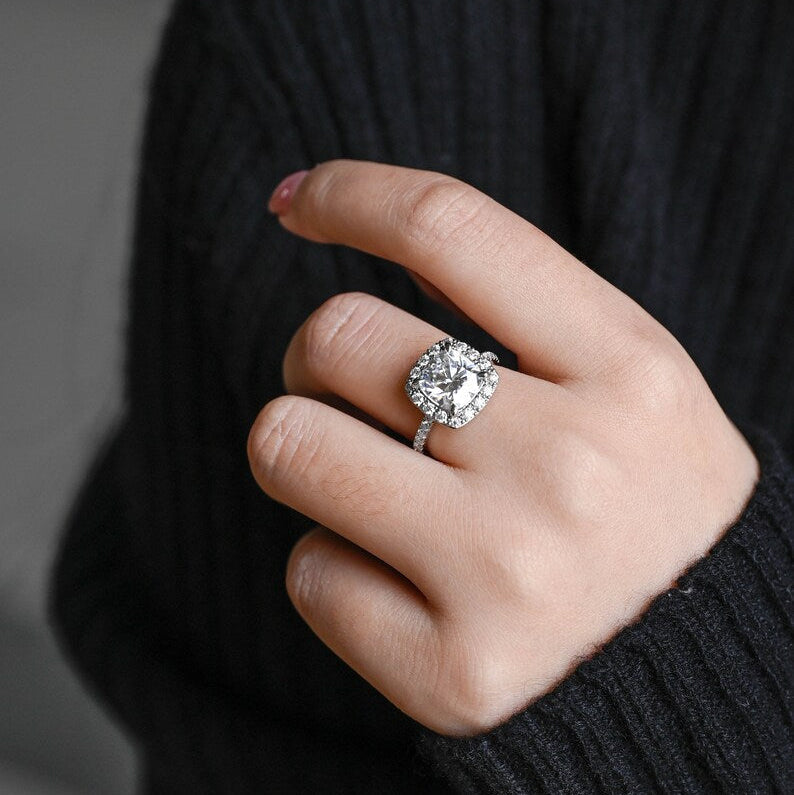 Stunning 1.0 - 2.0 CT Cushion Moissanite Engagement Ring With Pave & Halo Design 4