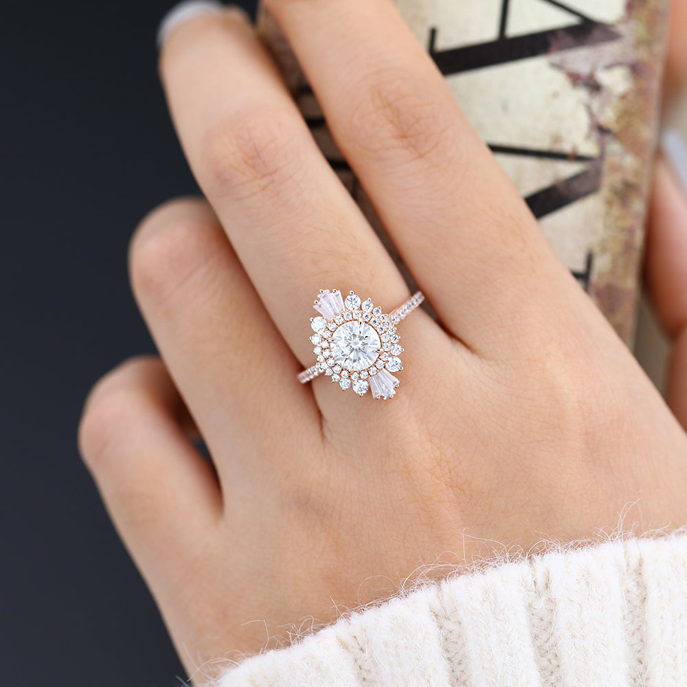 0.88 CT Round Cluster & Pave Moissanite Engagement Ring