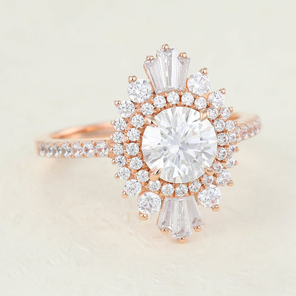 0.88 CT Round Cluster & Pave Moissanite Engagement Ring