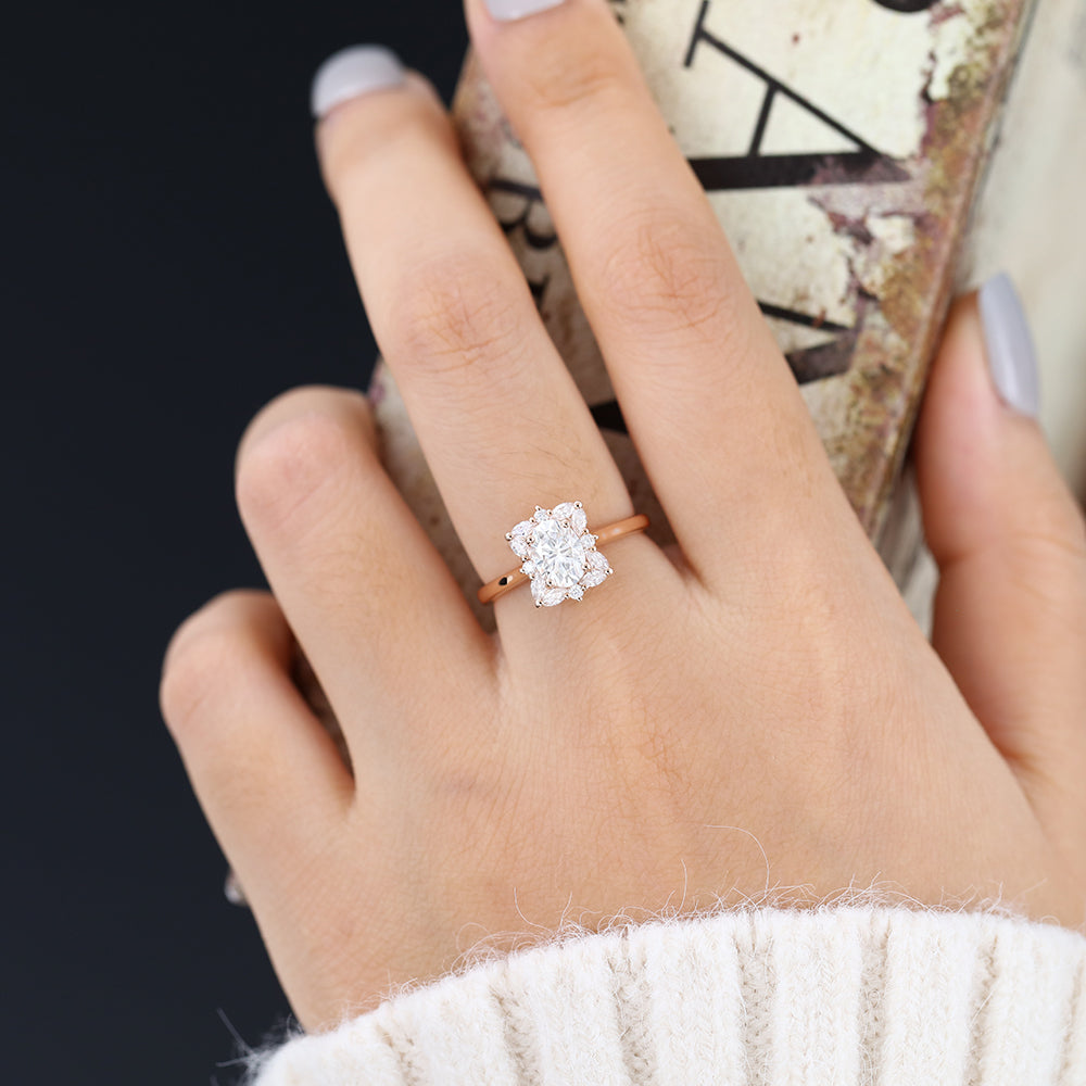 0.84 CT Oval Cluster Moissanite Engagement Ring