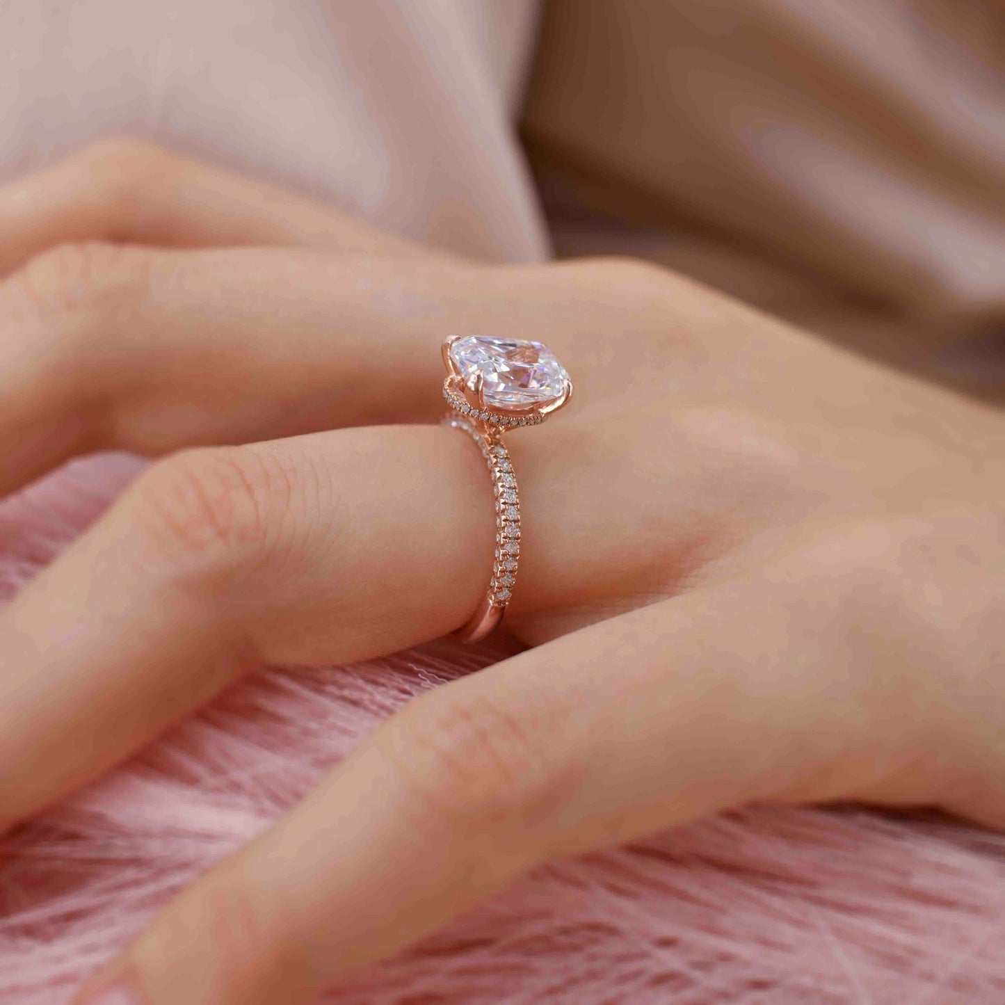 3.34 CT Elongated Cushion Hidden Halo Lab Grown Diamond Engagement Ring
