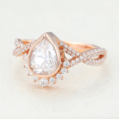 0.9 CT Pear Cluster & Bezel Moissanite Engagement Ring